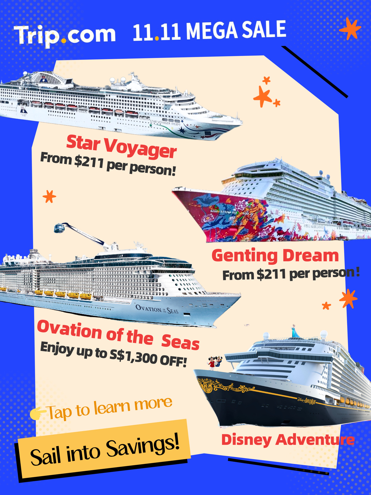 Berlayarlah di 11.11 ini dengan penawaran pelayaran eksklusif dari Trip.com Cruises!
🚢Nikmati penghematan sekali setahun untuk pelayaran impian Anda👇

1️⃣ Royal Caribbean - Ovation of the Seas, Navigator of the Seas
🎁 Nikmati diskon hingga S$1.300 + Tamu ke-3 & ke-4 Berlayar GRATIS untuk pelayaran tertentu!
🚢Pelayaran menarik:
Pelayaran Asia Tenggara 3 Malam: Penang | Tanggal pelayaran: 17, 24, 27 Nov; 8, 15, 18 Des (2025)
Pelayaran Asia Tenggara 4 Malam: Penang – Phuket | Tanggal pelayaran: 20, 30 Nov; 4, 11, 24 Des (2025)

2️⃣ Star Cruises - Star Voyager
💰Mulai dari $211 per orang!
🎁 Diskon Ekstra 5% (Khusus untuk Pemegang Kartu DBS/POSB. Kode promo: DBS5OFFSG)
🚢Pelayaran menarik:
Pelayaran Asia Tenggara 3 Malam: Port Klang (Kuala Lumpur) – Bintan | Tanggal pelayaran: 18, 25 Des (2025); 1, 8, 15, 22, 29 Jan (2026)
Pelayaran Asia Tenggara 3 Malam: Penang | Tanggal pelayaran: 20, 27 Nov; 4, 11 Des (2025)

3️⃣ Star Cruises - Genting Dream
💰 Mulai dari $211 per orang! GRATIS Pelayaran untuk Orang ke-3 & ke-4!
🎁 Diskon Ekstra 5%
📅 Tanggal Pelayaran: 4 Jan – 13 Feb 2026
🚢Pelayaran menarik:
Pelayaran Asia Tenggara 2 Malam: Melaka | Tanggal pelayaran: 4, 11, 18, 25 Jan; 1, 8 Feb (2026)
Pelayaran Asia Tenggara 3 Malam: Phuket | Tanggal pelayaran: 13, 27 Jan; 3, 17 Feb (2026)

4️⃣ Disney Cruise Line | Disney Adventure
💫 Ciptakan kenangan indah dengan hiburan kelas dunia, santapan bertema, dan keseruan keluarga untuk segala usia! 🚢Pelayaran menarik:
Pelayaran Liburan 3 Malam di Laut | Tanggal pelayaran: 10, 13, 16, 23, 30 Maret; 13, 20, 27 April (2026)
Pelayaran Liburan 4 Malam di Laut | Tanggal pelayaran: 7, 19, 26 Maret; 2, 9, 16, 23, 30 April (2026)

Rencanakan liburan sempurna Anda dengan Trip.com Cruises hari ini! 🌊

#tripcomcruises #cruisedeals #royalcaribbean #stacruises #disneyadventure #southeastasiacruise #starvoyager #gentingdream #singaporecruises