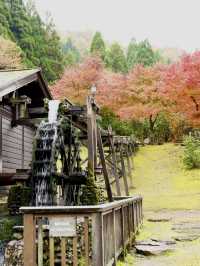 水車小屋の奥の紅葉のグラデーションが絶景