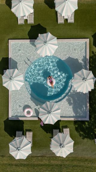 The Frenchie Pool from Above, Honor Bar Details, and the Potting Shed