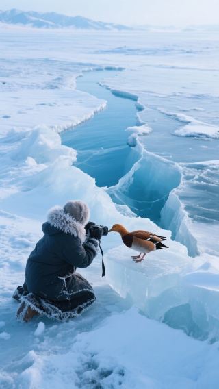 ตกปลาบนน้ำแข็งยามพระอาทิตย์ตกที่ทะเลสาบชิงไห่