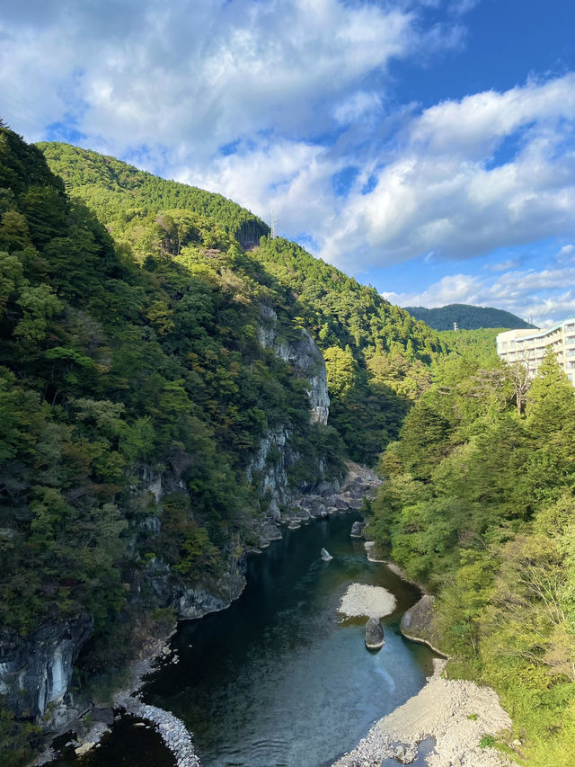 温泉街と鬼怒川を一望できる橋