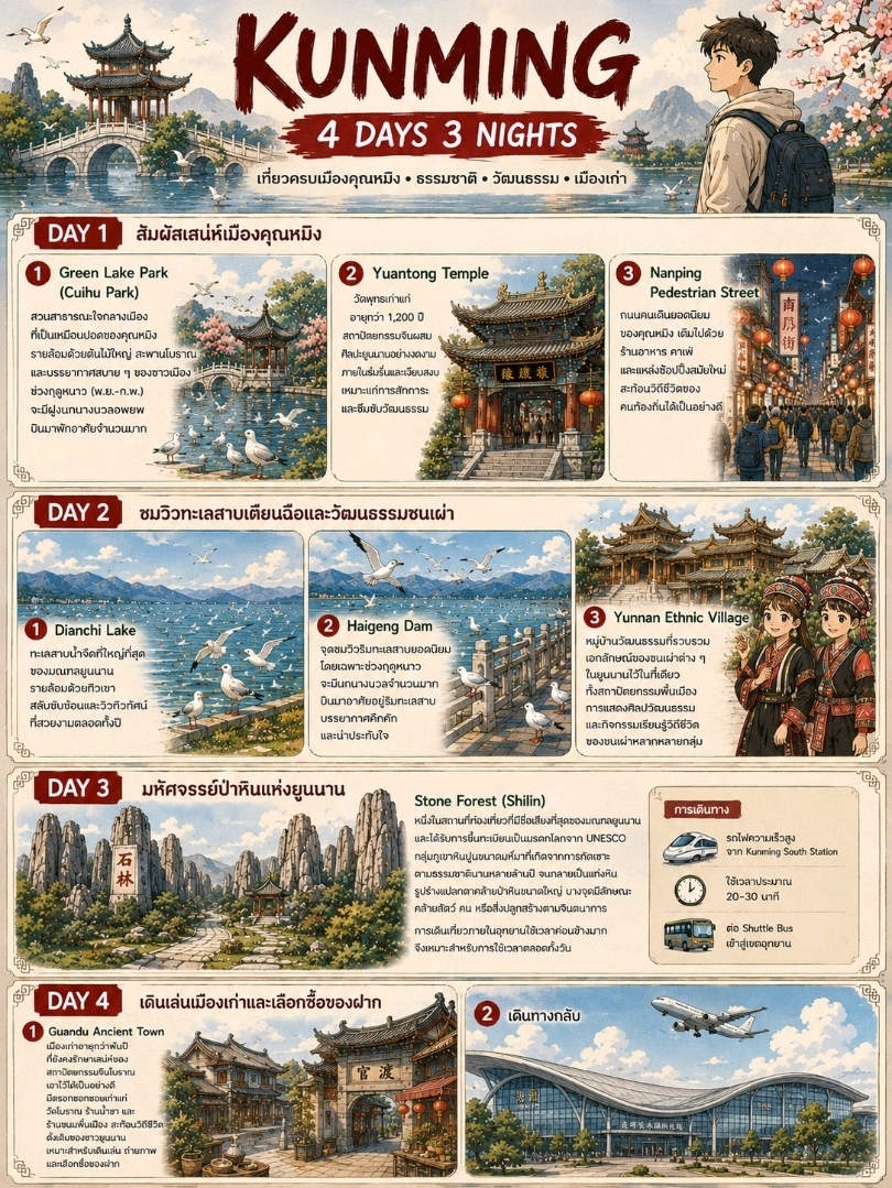 ✨✨Kunming is a city blessed with stunning nature, rich culture, and an incredible food scene. Known as the "City of Eternal Spring," it's a perfect year-round destination.
✨✨4-Day, 3-Night Itinerary: Flying from Thailand's ✈️ Suvarnabhumi Airport to 🛩️ Kunming Changshui International Airport.
Day 1: Experience the Charm of Kunming
1️⃣ Kick off the trip with a relaxing stroll around Green Lake Park (Cuihu Park).
2️⃣ Next, head over to Yuantong Temple, an ancient Buddhist temple with over 1,200 years of history. It features stunning Chinese architecture beautifully blended with Yunnan artistry.
3️⃣ Wrap up the evening at Nanping Pedestrian Street, Kunming's bustling walking street packed with restaurants, cafes, and modern shopping spots.
Day 2: Take in the Views of Dianchi Lake and Ethnic Culture
1️⃣ Today is all about unwinding in nature. Start at Dianchi Lake, the largest freshwater lake in Yunnan Province, surrounded by rolling mountain ranges and offering breathtaking scenery year-round.
2️⃣ Continue your scenic walk at Haigeng Dam, a popular lakeside viewpoint.
3️⃣ Spend your afternoon at the Yunnan Ethnic Village, a cultural hub that brings together the unique traditions and identities of Yunnan's diverse ethnic groups in one place.
Day 3: The Magical Yunnan Stone Forest
▶️ Head out to the Stone Forest (Shilin), one of Yunnan's most famous attractions and a designated UNESCO World Heritage site.
Exploring the park takes quite a bit of time, making it perfect for a full-day adventure to discover its hidden corners and snap amazing photos of this natural wonder.
▶️ How to get there:
· Take the high-speed train from Kunming South Station.
· The ride takes about 20–30 minutes.
· Transfer to a shuttle bus to enter the scenic area.
Day 4: Stroll Through the Ancient Town and Souvenir Shopping
1️⃣ Before heading home, make a stop at Guandu Ancient Town. This thousand-year-old town perfectly preserves the charm of ancient Chinese architecture. Inside, you'll find historic alleyways, ancient temples, traditional teahouses, and local snack shops that reflect the authentic lifestyle of the Yunnan people.
2️⃣ Head back home.