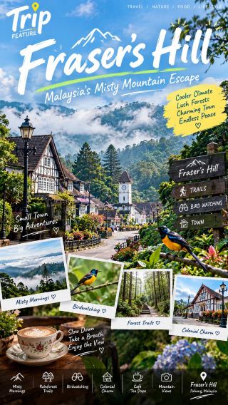 Fraser’s Hill: Malaysia’s Misty Mountain Escape 🌿⛰️

Where the clouds drift through the forest and time seems to slow down.

Hidden in the highlands of Pahang, Fraser’s Hill feels like a completely different world from Malaysia’s busy cities.

Cool mountain air, mist-covered forests, quiet roads and charming colonial-style buildings create an atmosphere that is both peaceful and nostalgic. For travellers looking to escape the heat and slow down for a while, Fraser’s Hill offers a refreshing mountain retreat.

🌫️ Wake Up Above the Clouds

The magic of Fraser’s Hill begins with its cool, misty mornings.

Wake up to clouds floating between the mountains, listen to birds calling from the forest and take a quiet walk while the town is still wrapped in morning mist.

There is no need to rush here.

Fraser’s Hill is a destination made for slow mornings.

🌲 Into the Rainforest

Surrounded by lush highland forests, Fraser’s Hill is a wonderful destination for nature lovers.

Follow forest trails beneath towering trees and discover the peaceful sounds of the rainforest. The cool climate makes hiking much more comfortable, while the changing light and mist create beautiful scenes for photography.

Every turn of the trail offers a chance to discover something new.

🐦 A Paradise for Birdwatchers

One of Fraser’s Hill’s most special attractions is its incredible birdlife.

The highland forests provide a natural home for many species, making the area one of Malaysia’s well-known destinations for birdwatching.

Wake up early, bring your binoculars and walk quietly through the forest. You may spot colourful birds moving between the trees or hear their calls echoing through the mist.

For photographers and nature lovers, these quiet encounters can become some of the most memorable moments of the trip.

🏡 A Touch of British Charm

Fraser’s Hill has a distinctive character that sets it apart from other Malaysian highland destinations.

Colonial-era architecture, charming cottages, clock towers and quiet roads give the town a nostalgic atmosphere. Combined with the cool weather and surrounding greenery, it almost feels like stepping into a little mountain village from another era.

Take a leisurely walk through town, admire the architecture and enjoy the peaceful atmosphere.

🌿 Slow Travel at Its Best

Fraser’s Hill is not about checking off dozens of attractions.

Instead, it is about breathing fresh mountain air, walking through the forest, enjoying a warm drink and watching the clouds roll across the hills.

Spend the afternoon exploring the town, stop for tea and let the cool mountain breeze remind you to slow down.

Sometimes, the best travel memories come from doing less.

☕ A Cosy Highland Escape

After a day outdoors, find a cosy café or restaurant and enjoy a warm meal or drink.

A cup of tea surrounded by misty mountains feels especially comforting here. Pair it with a simple local meal, relax by the window and watch the weather change outside.

It is the perfect ending to a cool highland day.

✨ Why Fraser’s Hill?

Fraser’s Hill may be quieter than Malaysia’s more famous destinations, but that is exactly what makes it special.

Misty forests. Cool mountain air. Colourful birds. Colonial charm. Peaceful trails.

Together, they create a destination that feels wonderfully removed from everyday life.

Come for the cool air. Stay for the mist. Leave with a slower pace of mind.

🌿 Fraser’s Hill Highlights

🌫️ Misty Mornings — wake up surrounded by clouds
🌲 Rainforest Trails — explore the lush highland forest
🐦 Birdwatching — discover Fraser’s Hill’s rich birdlife
🏡 Colonial Charm — experience its nostalgic mountain-town character
☕ Café & Tea Stops — slow down with a warm drink
📸 Mountain Views — capture the beauty of the highlands

📍 Fraser’s Hill, Pahang, Malaysia

#FrasersHill #FraserHill #MalaysiaTravel #VisitMalaysia #Pahang #HighlandEscape #MountainGetaway #NatureEscape #Birdwatching #Rainforest #MalaysiaNature #SlowTravel