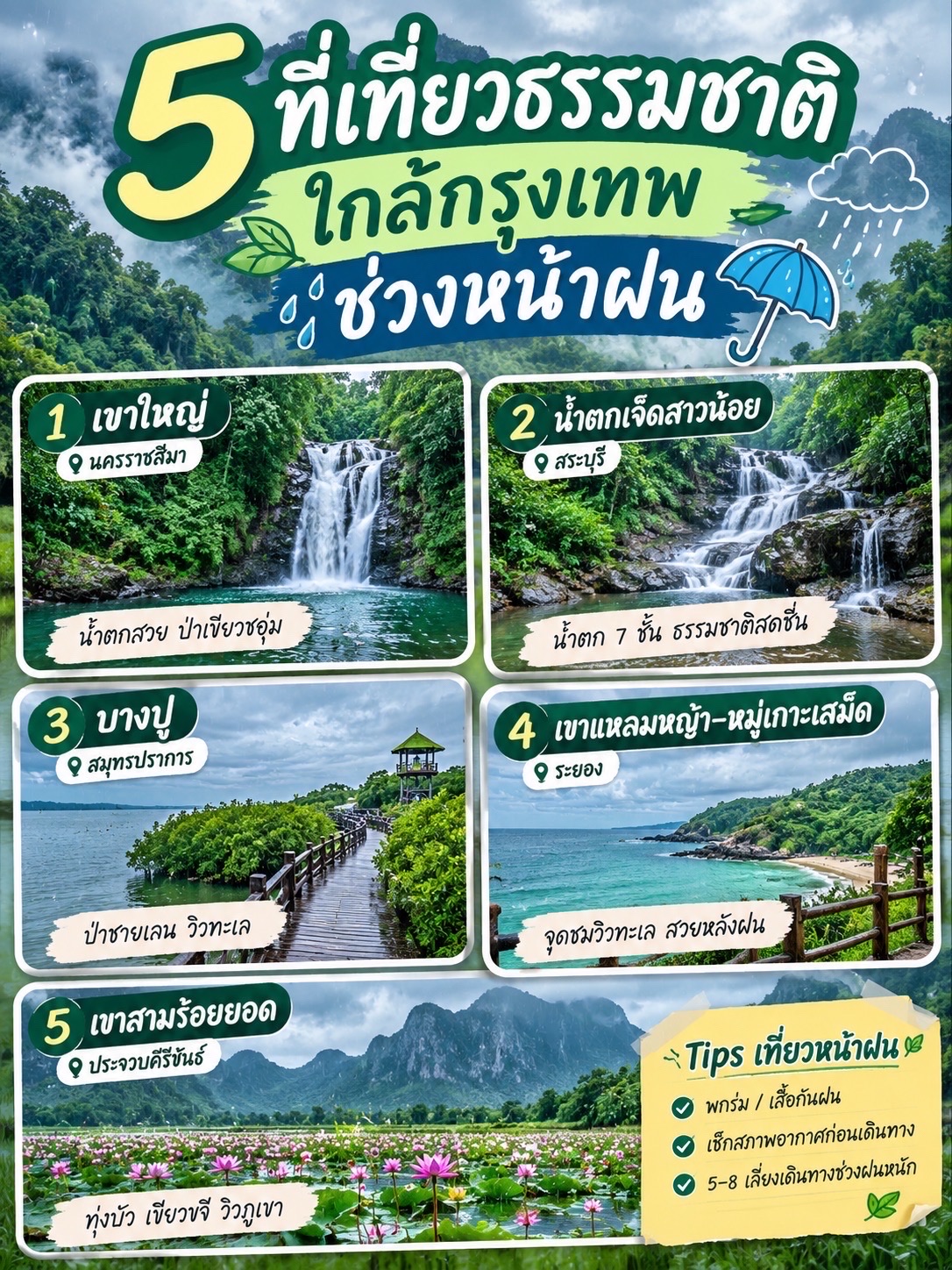 🌿 5 điểm đến thiên nhiên gần Bangkok lý tưởng cho mùa mưa: Hít thở không khí trong lành và làm mới kỳ nghỉ của bạn