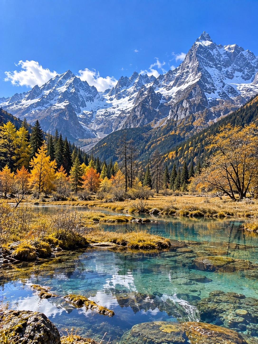 🇨🇳🏔️ 四姑娘山 — 四川白雪皚皚的山峰和壯麗的山谷。