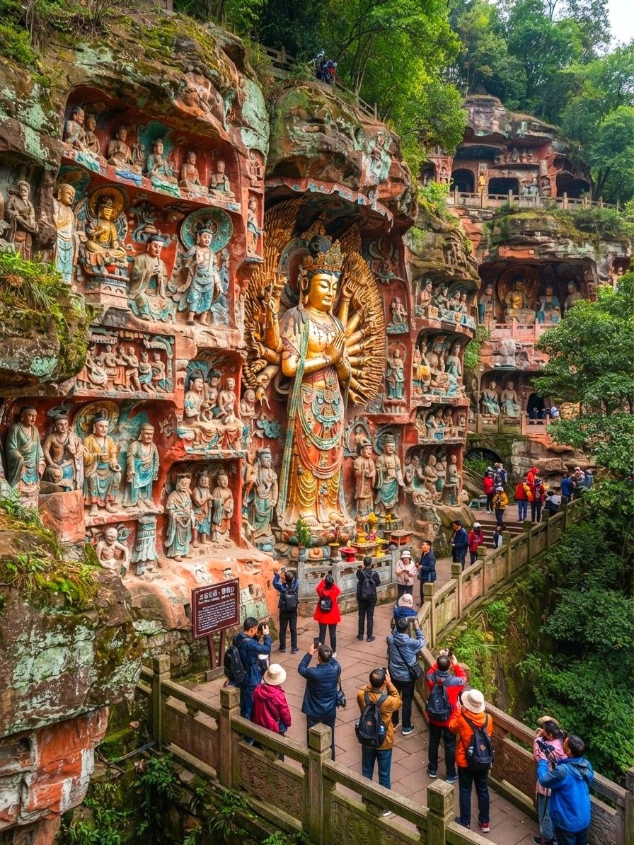 As a UNESCO World Heritage site, the Dazu Rock Carvings are hailed as the pinnacle of Chinese grotto art from the late Tang and Song dynasties. The most noteworthy highlight is the "Six Paths of Reincarnation" at the Baoding Mountain Scenic Area. It is not only masterfully carved but also seamlessly blends Buddhist philosophy with secular life, presenting vivid and moving details that are truly awe-inspiring. For anyone interested in religious art and folklore, this is a must-see.

Recommended Route:
Your journey can begin at the Baoding Mountain Scenic Area. Since the Baoding Mountain site and the main Dazu Rock Carvings are in the same vicinity, they feel like a single cohesive experience. I recommend arriving at 8:30 AM sharp and heading straight to the main Dazu Rock Carvings area. There are informative plaques throughout, but renting an audio guide is highly recommended to better understand the stories behind the carvings as you walk.

Highlights:
1. The Six Paths of Reincarnation: Located on the west side of Baoding Mountain, this section intricately carves out the six paths of rebirth. It is well worth spending time to observe closely.  
2. The Thousand-Hand Guanyin: This majestic statue is the most famous ensemble in the Dazu Rock Carvings. The exquisite detail of the hands and the overall scale are incredibly striking.
3. Scenes of Daily Life: These carvings are unique for their "down-to-earth" nature. Beyond the divine, they depict common people’s lives, including farming, weaving, and musical performances, showing how Buddhism was integrated into the secular world.

Must-Visit Photo Spots:
· Directly in front of the Thousand-Hand Guanyin statue  
· The entrance to the Six Paths of Reincarnation (great for photos with the carvings)  
· The entrance to Baoding Mountain (featuring the iconic stone archway)

Travel Tips:
· Duration: Expect to spend 2-3 hours walking through; take your time to appreciate the details.
· Timing: Arrive 10-15 minutes early. Ticket sales stop at 4:00 PM, and entry is closed after 4:10 PM.
· Sun Protection: Bring sunscreen, as there is little shade near the stone carvings.
· Atmosphere: To avoid crowds, visit on a weekday morning for a more serene experience.
· Supplies: Bring your own water and light snacks, as food options within the scenic area are limited.

Tickets & Opening Hours:
Baoding Mountain Scenic Area (Baoding Town, Dazu District, Chongqing). Open year-round 08:30-18:00. Tickets are 110 RMB. Ticket sales end at 16:00, and entry closes at 16:10—don’t miss the cutoff!

This trip to Chongqing’s Dazu Rock Carvings is a fantastic way to experience the perfect fusion of ancient Chinese craftsmanship and Buddhist art. It was truly an eye-opening journey!