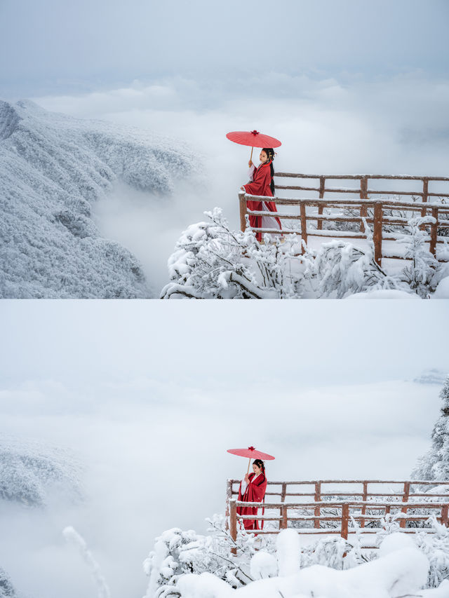 在光霧山拍攝的紅色戰國袍與雪景簡直絕配！