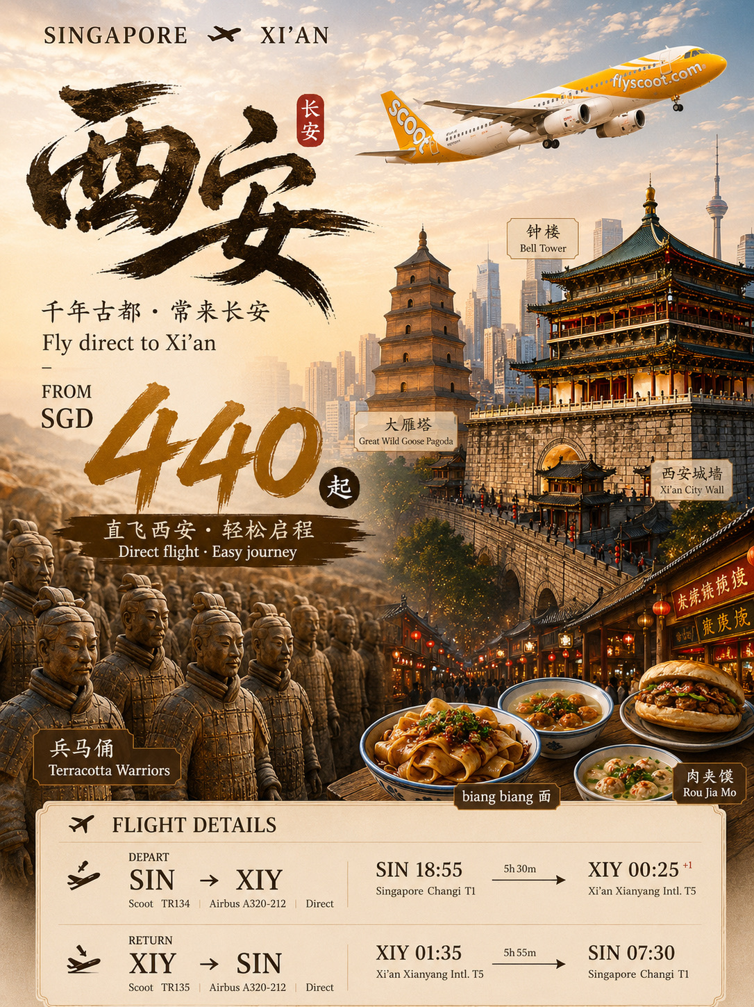 Ever wanted to visit Xi’an, home of the Terracotta Warriors, ancient city walls and incredible street food? 🇨🇳

Good news - Scoot’s direct flight from Singapore starts from just S$440 return! ✈️

📍 Flight snapshot:
· 💰 From S$440 return
· ✈️ Direct flight (no transit)
· ⏱️ Around 5.5–6 hours
· 🗓️ Sample travel dates: 19–24 Nov 2026

Don’t miss these Xi’an highlights:
🏯 Bell Tower
🧱 Ancient City Wall
🛕 Great Wild Goose Pagoda
⚔️ Terracotta Warriors
🍜 Biang Biang Noodles
🥙 Rou Jia Mo

A direct flight makes Xi’an perfect for a 4–6 day getaway, especially if you’re looking for a destination packed with history, culture and amazing food.

💬 Would you visit Xi’an for this price?

📌 Flight prices are based on a Trip.com search at the time of checking and may change depending on availability, travel dates and fare conditions.

 #xiantravel #xian #xiancitywall #xiantrip 