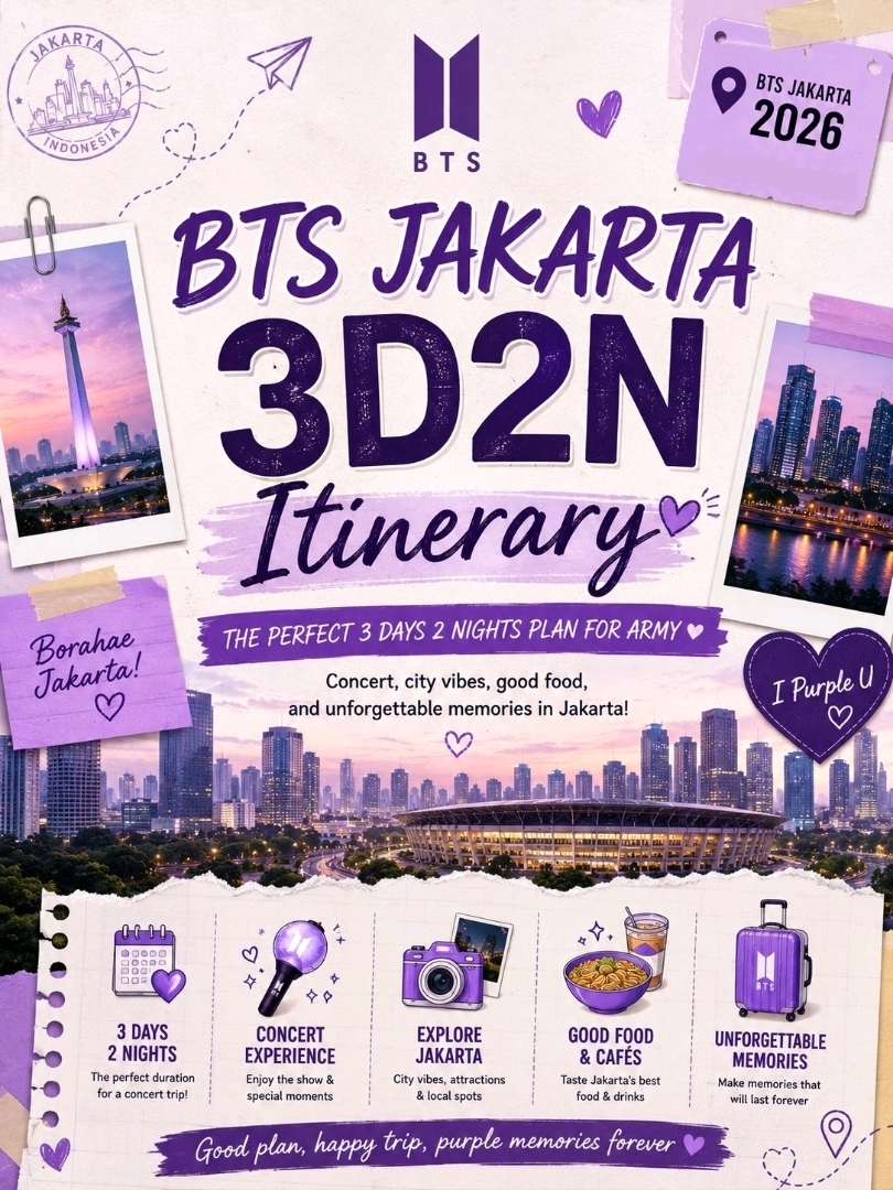 Merencanakan perjalanan konser akan jauh lebih menyenangkan jika itinerarinya sederhana, realistis, dan tidak terlalu padat. Untuk BTS Jakarta 2026, perjalanan 3 hari 2 malam (3H2M) di Jakarta adalah pilihan tepat bagi ARMY yang ingin punya cukup waktu untuk tiba, beristirahat, menikmati konser, dan sedikit berkeliling kota tanpa merasa terburu-buru.

Hari 1: Kedatangan, check-in hotel, dan waktu santai di kota ✈️🏨
Di hari pertama, buatlah rencana yang ringan. Setelah tiba di Jakarta, langsung menuju hotel, check-in, and istirahat sejenak. Kemacetan Jakarta bisa sangat padat, jadi sebaiknya jangan merencanakan terlalu banyak aktivitas tepat setelah mendarat. Jika masih punya tenaga, kunjungilah mal, kafe, atau restoran terdekat di sekitar area hotelmu.

Untuk area hotel, kamu bisa membandingkan Senayan, Sudirman, Thamrin, dan Blok M. Senayan sangat praktis karena dekat dengan area konser, Sudirman cocok untuk suasana kota yang modern, Thamrin bagus untuk belanja dan jalan-jalan, sedangkan Blok M sangat pas untuk kuliner dan suasana lokal. Memilih area hotel yang strategis akan membuat perjalananmu jauh lebih lancar.

Untuk hari pertama yang santai, kamu bisa mengunjungi tempat-tempat seperti Grand Indonesia, Plaza Indonesia, atau Senayan City untuk belanja, makan, dan nongkrong di kafe. Jika ingin suasana yang lebih lokal dan kasual, Blok M adalah area yang asyik untuk kulineran, kafe, dan menikmati suasana kota di sore hari. Jaga energi di hari ini karena besok adalah hari besar konser 💜

Hari 2: Hari konser 💜🎤
Hari konser harus dibuat sesimpel dan se-bebas stres mungkin. Mulailah dengan sarapan, siapkan outfit-mu, isi daya ponsel dan power bank sampai penuh, serta cek kembali konfirmasi tiketmu. Bawa barang-barang penting saja, seperti kartu identitas atau paspor, konfirmasi tiket, ponsel, power bank, lightstick, tas kecil, tisu, dan barang pribadi penting lainnya.

Sebelum berangkat ke venue, pastikan sudah makan dengan baik dan berangkatlah lebih awal dari biasanya. Saat ada konser besar, lalu lintas dan kerumunan bisa menjadi sangat padat, jadi tiba lebih awal selalu lebih baik. Ini juga memberimu lebih banyak waktu untuk mencari area pintu masuk, berfoto, bertemu teman, dan menikmati atmosfer ARMY sebelum pertunjukan dimulai ✨

Setelah konser selesai, jangan terburu-buru. Area tersebut mungkin akan sangat ramai dan transportasi bisa memakan waktu. Tips dari saya adalah simpan alamat hotelmu, tentukan titik temu jika pergi bersama teman, dan gunakan pilihan transportasi yang terpercaya. Menginap di area yang strategis akan membuat perjalanan pulang terasa jauh lebih mudah.

Hari 3: Pagi yang santai, belanja, kafe, dan keberangkatan 🛍️☕
Setelah konser, berikan dirimu waktu istirahat di hari terakhir. Nikmati sarapan, kemas bagasi, dan lakukan check-out dengan teliti. Jika jadwal penerbanganmu masih lama, kamu bisa menikmati kunjungan singkat di kota sebelum menuju bandara.

Untuk jalan-jalan, Monas (Monumen Nasional) adalah ikon klasik Jakarta dan tempat yang bagus untuk berfoto. Kota Tua Jakarta juga merupakan pilihan menarik jika kamu menyukai bangunan bersejarah, jalanan kota tua, dan spot foto ala kafe. Untuk belanja dan oleh-oleh, kamu bisa mampir ke Sarinah, Grand Indonesia, Plaza Indonesia, atau mal terdekat tergantung lokasi hotelmu.

Jika kamu lebih suka penutupan yang tenang, pilihlah untuk nongkrong di kafe daripada berkeliling. Jakarta punya banyak kafe menarik, terutama di sekitar Jakarta Pusat, Blok M, dan Jakarta Selatan. Rehat sejenak sambil minum kopi setelah konser bisa jadi cara yang menyenangkan untuk beristirahat, mengedit foto, dan menikmati momen terakhir perjalananmu ☕✨

Untuk hari terakhir, hindari tempat wisata yang terlalu jauh dari hotel atau rute bandara. Lalu lintas Jakarta tidak bisa ditebak, jadi lebih aman untuk meluangkan waktu yang cukup menuju bandara. Penutupan yang lancar akan membuat seluruh perjalanan konser terasa lebih berkesan.

Secara keseluruhan, itinerari konser Jakarta 3H2M sangat cocok bagi ARMY yang menginginkan perjalanan yang seimbang: tiba dan istirahat di Hari ke-1, menikmati konser di Hari ke-2, dan menikmati momen santai di kota sebelum pulang di Hari ke-3. Dengan perencanaan awal, pemilihan area hotel yang tepat, dan jadwal yang simpel, BTS Jakarta 2026 bisa menjadi kenangan perjalanan konser yang indah 💜✨