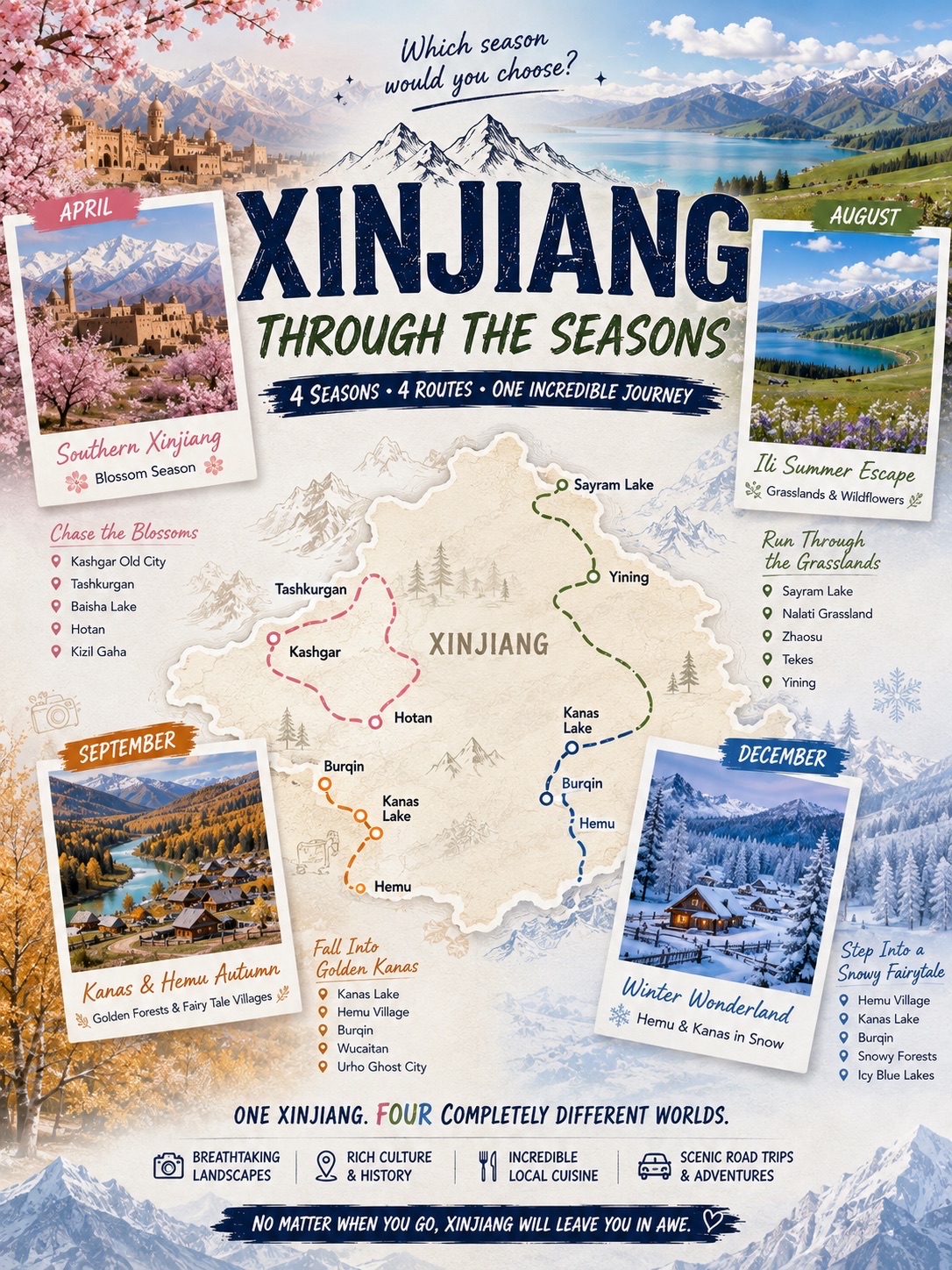 🏔️ Xinjiang Through the Seasons | Which One Would You Choose? 🌸🌿🍂❄️
