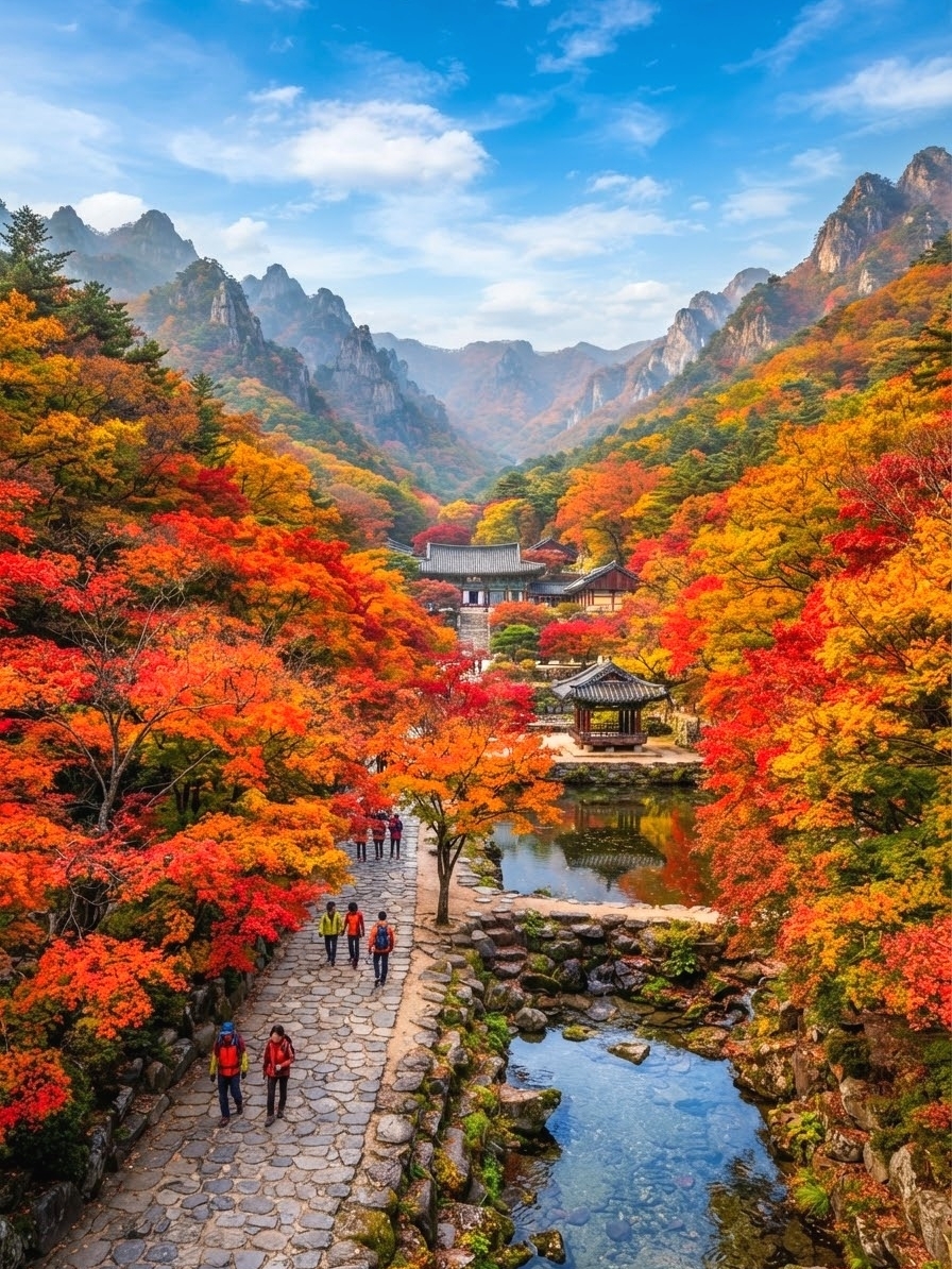 Naejangsan National Park is a must-see for autumn foliage in Korea, turning into a sea of fiery red maples from late October to mid-November.