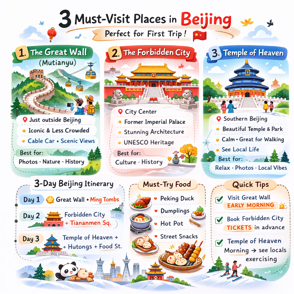 1. 🏯 Kota Terlarang – Kompleks istana kekaisaran yang besar ini pernah menjadi rumah bagi kaisar Tiongkok selama berabad-abad dan merupakan salah satu landmark sejarah paling ikonik di dunia. Jelajahi halaman-halaman luasnya, aula-aula yang megah, dan harta-harta kuno untuk benar-benar merasakan masa lalu kekaisaran Tiongkok 🔥👑. Tempat ini sangat besar, jadi rencanakan untuk menghabiskan beberapa jam untuk menjelajahinya.
2. 🧱 Tembok Besar Tiongkok – Mengunjungi Tembok Besar adalah kegiatan wajib dari Beijing, terutama di bagian Mutianyu atau Badaling yang populer. Struktur luar biasa ini melintasi perbukitan yang terjal, menawarkan pemandangan yang menakjubkan dan memberikan gambaran tentang skala rekayasa kuno Tiongkok 🏞️🚶‍♂️.
3. Kuil Surga adalah salah satu landmark Beijing yang paling indah dan damai 🌤️✨. Terkenal dengan Aula Doa untuk Panen yang Baik yang ikonik dengan atap birunya, kompleks ini menampilkan arsitektur dinasti Ming yang menakjubkan dan simetri yang sempurna 🌀🏛️.