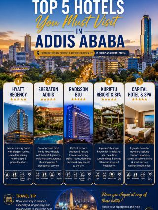 🏨 Top 5 Hotels You Must Visit in Addis Ababa 🇪🇹

Planning a trip to Ethiopia’s vibrant capital? Here are five outstanding hotels that offer luxury, comfort, and unforgettable hospitality.

1. Hyatt Regency Addis Ababa ⭐⭐⭐⭐⭐
A modern luxury hotel with elegant rooms, excellent dining, a relaxing spa, and a prime location close to the city’s attractions.

2. Sheraton Addis ⭐⭐⭐⭐⭐
One of Africa’s most iconic luxury hotels, featuring beautiful gardens, world-class restaurants, stunning pools, and exceptional service.

3. Radisson Blu Hotel Addis Ababa ⭐⭐⭐⭐⭐
Perfect for both business and leisure travelers, offering stylish rooms, delicious cuisine, and easy access to the city’s business district.

4. Kuriftu Resort & Spa ⭐⭐⭐⭐⭐
A peaceful escape known for its relaxing spa, beautiful surroundings, and unique Ethiopian-inspired hospitality—ideal for a refreshing getaway.

5. Capital Hotel & Spa ⭐⭐⭐⭐⭐
A great choice for travelers seeking comfort, spacious rooms, excellent dining, and a full-service wellness experience.

✨ Travel Tip: Book your stay in advance, especially during holidays and major events, to secure the best rates and availability.

Have you stayed at any of these hotels? Share your experience and help fellow travelers discover the best places to stay in Addis Ababa! 🇪🇹
 #hotel #addisababa 