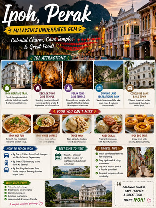 #underratedspots
🏙️ IPOH, PERAK 🇲🇾 — MALAYSIA’S UNDERRATED GEM FOR COLONIAL CHARM, CAVE TEMPLES & GREAT FOOD! ✨🍜
Looking for an affordable Malaysian getaway that offers history, nature, culture, and incredible food? Add Ipoh to your travel bucket list! 🇲🇾💚
Often overshadowed by Kuala Lumpur and Penang, Ipoh is a fascinating destination filled with beautiful colonial architecture, colorful street art, spectacular limestone landscapes, peaceful cave temples, and some of Malaysia’s most delicious local dishes.
🏛️ TOP ATTRACTIONS & THINGS TO DO
🏛️ Ipoh Heritage Trail – Walk through the Old Town and admire beautiful colonial buildings, historic landmarks, and charming streets.
🛕 Kek Lok Tong Cave Temple – Explore a stunning limestone cave temple surrounded by impressive rock formations and peaceful gardens.
🧘 Perak Tong Cave Temple – Discover fascinating Buddhist statues and unique cave interiors carved into the limestone hills.
🌿 Gunung Lang Recreational Park – Enjoy scenic limestone hills, a peaceful lake, boat rides, and relaxing nature walks.
🎨 Concubine Lane & Old Town – Explore colorful murals, cafés, local shops, and the lively atmosphere of Ipoh’s historic center.
🚉 Ipoh Railway Station – Capture photos of one of the city’s most iconic colonial-era buildings.
☕ Ipoh White Coffee – Don’t leave Ipoh without trying its famous smooth and aromatic white coffee.
🌄 More Adventures – Explore nearby attractions such as Sam Poh Tong Temple, Qing Xin Ling Leisure & Cultural Village, and other limestone landscapes.
🍜 FOOD YOU CAN’T MISS
🍜 Ipoh Hor Fun – Silky smooth rice noodles served in a flavorful chicken broth.
🌱 Taugeh Ayam – Tender chicken and crunchy bean sprouts, a famous Ipoh specialty.
🍛 Nasi Ganja – Fragrant rice served with flavorful curries and side dishes.
🥧 Ipoh Egg Tart – A delicious treat with a crisp pastry shell and creamy filling.
🥟 Chee Cheong Fun – Soft rice noodle rolls served with savory or sweet sauce.
🍜 Lou Yau Fun – Local noodles served with chicken and a flavorful sauce.
☕ Ipoh White Coffee – A must-try drink for coffee lovers.
💰 BUDGET GUIDE
🎒 Budget Traveler: RM 80–RM 150 per person/day
🏨 Mid-Range Traveler: RM 150–RM 300 per person/day
✨ Luxury Traveler: RM 300+ per person/day
Your actual budget will depend on accommodation, transport, dining, and activities.
🚗 HOW TO REACH IPOH
🚗 By Car: Around 2–2.5 hours from Kuala Lumpur via the North–South Expressway, depending on traffic.
🚆 By Train: ETS and Intercity trains connect Ipoh with Kuala Lumpur and other major destinations.
🚌 By Bus: Regular buses operate from Kuala Lumpur, Penang, and other Malaysian cities.
📅 BEST TIME TO VISIT
🌤️ March to October is generally a popular period for sightseeing and outdoor activities, although Ipoh can be visited throughout the year.
💡 TRAVEL TIPS
✔️ Wear comfortable shoes for exploring the Old Town and heritage areas.
✔️ Start sightseeing early to avoid the afternoon heat.
✔️ Try local food at traditional coffee shops and local eateries.
✔️ Dress respectfully when visiting temples.
✔️ Carry sunscreen and stay hydrated.
✔️ Explore beyond the city center for beautiful limestone landscapes.
✔️ Keep the city clean and travel responsibly.
💚 IPOH HAS IT ALL — HISTORY, NATURE & FOOD THAT STEALS YOUR HEART! 🇲🇾✨
📌 Save this underrated Malaysian gem for your next budget trip!
📲 Follow for more underrated spots, hidden gems, budget travel guides, and beautiful destinations around the world.
#Ipoh #IpohPerak #Perak #MalaysiaTravel #Malaysia #UnderratedSpots #UnderratedMalaysia #HiddenGemsMalaysia #VisitMalaysia #IpohOldTown #CaveTemples #KekLokTong