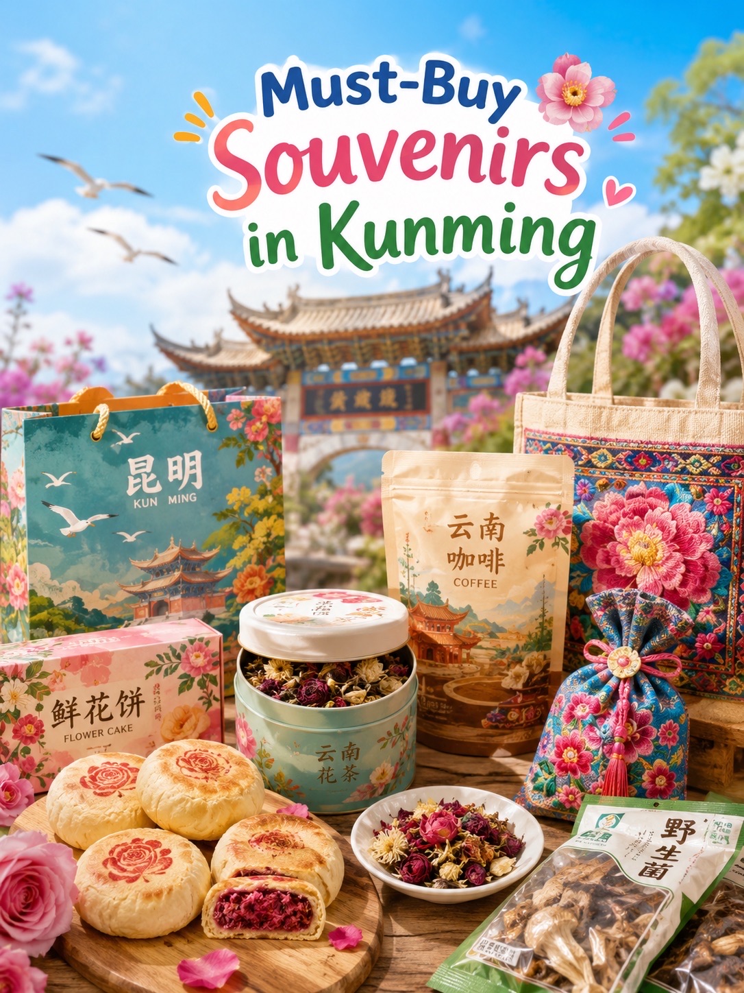 Here is a summary of the must-have souvenirs from Kunming that are easy to pick up:

1. 🌹 Flower Cakes (鲜花饼) – A Yunnan signature. The pastry is fragrant and crispy with a sweet, aromatic rose filling. It is the most recommended gift to bring back.
2. 🍵 Pu'er Tea (普洱茶) – Yunnan's famous fermented tea. It has a smooth taste and a rich aroma, available in both cakes and loose-leaf form. Perfect for tea enthusiasts.
3. 🥛 Flower Yogurt – Creamy yogurt with a delicate floral scent. Available in many flavors, it’s great to try during your trip, but make sure to choose varieties suitable for transport if you plan to take them home.
4. 🍄 Dried Yunnan Mushrooms – A variety of mushrooms known for their aroma and umami flavor. Once soaked in water, they can be used for soups, stir-fries, or mushroom rice.
5. 🧵 Ethnic Tribal Embroidery – Bags, pouches, scarves, and decorative items featuring vibrant patterns that uniquely represent the local culture.
6. ☕ Yunnan Coffee – Coffee beans grown in the highlands of Yunnan. An excellent gift for coffee lovers.
7. 🌸 Flower Tea – Aromatic and easy to drink. Options include rose, chrysanthemum, lavender, and other floral varieties.
8. 🌿 Herbs/Yunnan Specialty Products – Many options are available, but always check labels, ingredients, and import regulations for your home country before purchasing.

🛍️ Where to shop in one trip:
We recommend checking out Nanping Street, Jinbi Road, Dianchi Tea Market or local markets, large shopping malls, and Kunming Changshui International Airport. The absolute must-buys before heading home are Flower Cakes + Pu'er Tea + Dried Mushrooms + Embroidery, as they most clearly reflect the identity of Yunnan. 🌸🎁