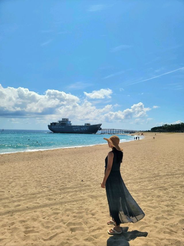 멋진 군함이 보이는 장사해수욕장🏖