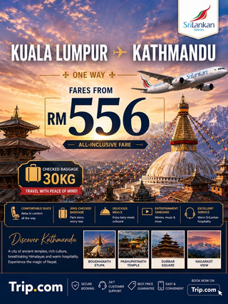 🇲🇾✈️ KUALA LUMPUR → KATHMANDU — FROM RM556 ONE WAY! 🇳🇵✨

Dreaming of seeing the Himalayas, ancient temples and breathtaking mountain scenery? Now is the perfect time to discover Kathmandu, Nepal, with fares starting from just RM556 one way on selected travel dates. 🏔️❤️

✈️ FLIGHT DETAILS

📍 Route: Kuala Lumpur (KUL) → Colombo → Kathmandu (KTM)
✈️ Airline: SriLankan Airlines
💰 Starting from: RM556 one way
🔄 Transit: Short transit in Colombo
🧳 Checked baggage: 30KG included

🏔️ WHY VISIT KATHMANDU?

✨ Explore Kathmandu Durbar Square and discover centuries of history. Visit the iconic Swayambhunath (Monkey Temple) and magnificent Boudhanath Stupa. 📸 Enjoy spectacular Himalayan views, colourful streets and authentic Nepalese culture. 🍜 Taste local favourites such as momos, dal bhat and chatamari, and experience the warm hospitality of Nepal.

🇱🇰 MAKE THE MOST OF YOUR COLOMBO TRANSIT

Enjoy a convenient short transit in Colombo before continuing your journey to Kathmandu, adding a glimpse of Sri Lanka to your Himalayan adventure. ✈️🌴

✨ ONE JOURNEY, TWO AMAZING DESTINATIONS

From Kuala Lumpur → Colombo → Kathmandu, get ready for a memorable journey filled with culture, adventure, incredible food and breathtaking scenery. 🇲🇾✈️🇱🇰✈️🇳🇵 #travel2026 #travel #tripcom #nepal #kathmandu 