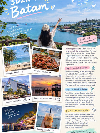 3D2N in Batam: A Short Escape Full of Good Food, Beautiful Views & Happy Memories

Sometimes, you do not need a long holiday to feel refreshed. A 3-day, 2-night trip to Batam, Indonesia, was the perfect little escape from our busy routine. From beautiful beaches and delicious seafood to relaxing sunsets and fun shopping, Batam gave us so many wonderful memories in just a few days.

Day 1 – Arrival & Exploring Batam

We started our journey in the morning and travelled to Batam by ferry. The journey was comfortable, and we were excited as soon as we arrived. After checking in at our hotel and taking a short rest, we headed out to explore the city.

Our first stop was Nagoya Hill Shopping Mall, where we enjoyed shopping, trying local snacks and exploring the lively surroundings. In the evening, we had a delicious seafood dinner. The fresh seafood, especially the crab and prawns, was definitely one of the highlights of the trip!

Day 2 – Beach, Relaxation & Sunset

Day two was all about slowing down and enjoying the island atmosphere. We visited Nongsa Beach, where the blue water, soft sand and tropical scenery created the perfect place to relax.

We spent some time walking along the beach, taking photos and enjoying the peaceful view. There was no need to rush from one place to another. Sometimes, simply sitting by the sea and enjoying the fresh breeze is enough.

Later in the day, we headed to Melur Beach to watch the sunset. The sky slowly changed into beautiful shades of orange and gold, creating one of the most memorable moments of our trip. It was the perfect ending to a relaxing day.

Day 3 – Food, Shopping & Goodbye

On our final morning, we explored a little more of Batam and enjoyed some local food before doing some last-minute shopping. Although our trip was short, we felt that we had experienced many different sides of Batam.

Soon, it was time to leave and head back home. Looking back at the three days and two nights, the trip was filled with delicious food, beautiful scenery, laughter and unforgettable memories.

Why Batam Is Worth Visiting

Batam is a great destination for a short getaway. It has beautiful beaches, delicious seafood, shopping spots and relaxing coastal views, all within a relatively easy trip. Whether you are travelling with family, friends or simply looking for a quick escape, Batam has something to offer.

Three days and two nights may sound short, but Batam showed us that a small trip can create big memories.

Good food. Beautiful views. Unforgettable memories.
Batam, I will definitely be back! 🇮🇩✨

#Batam #BatamTrip #IndonesiaTravel #TravelDiary #WeekendGetaway #IslandVibes #TravelMemories #GoodFood #BeachEscape #3D2N