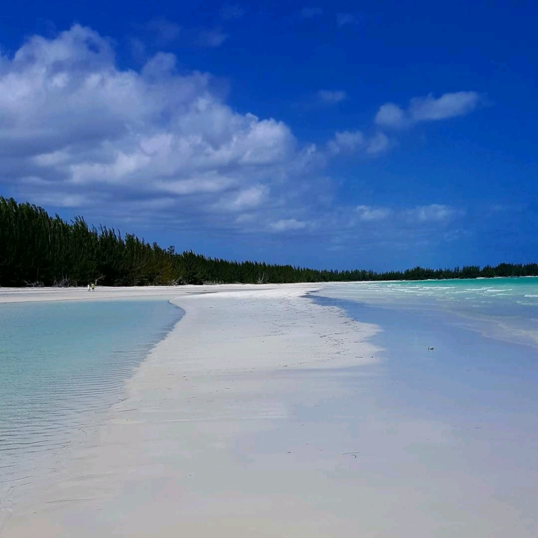 Beautiful view of Gold Rock Beach, Bahamas showcasing shallow, calm turquoise water and miles of untouched white sand.