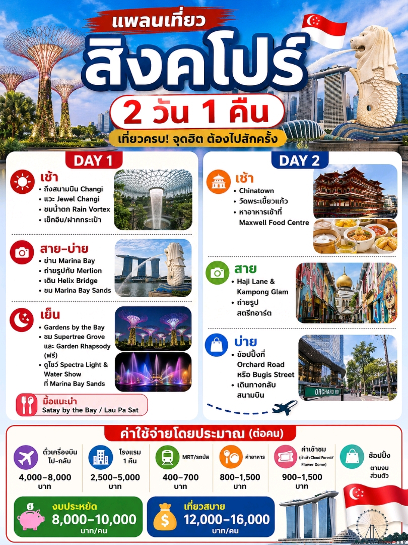 🇸🇬 2-Day, 1-Night Singapore Itinerary 
(Perfect for first-timers)

📍 Day 1
🕖 Morning 
√ Arrive at Changi Airport
√ Visit Jewel Changi and the Rain Vortex
√ Drop off luggage or check into your hotel
🕙 Late Morning – Afternoon 
√ Explore the Marina Bay area
√ Snap photos with the Merlion
√ Walk across the Helix Bridge
√ Check out Marina Bay Sands
🕓 Evening
√ Gardens by the Bay
√ See the Supertree Grove and 
Garden Rhapsody light show (Free)
√ Catch the Spectra Light & Water Show
 at Marina Bay Sands
🍜 Recommended eats: Satay by the Bay 
or Lau Pa Sat

📍 Day 2
🕖 Morning
√ Explore Chinatown
√ Visit the Buddha Tooth Relic Temple
√ Grab breakfast at Maxwell Food Centre
🕙 Late Morning
√ Wander around Haji Lane & Kampong Glam
√ Take photos of the street art 🖼️🎨
🕑 Afternoon
√ Go shopping along Orchard Road or Bugis Street
√ Head back to the airport

💰 Estimated Costs (Per Person)
✈️ Round-trip flights: 4,000–8,000 THB
🏨 1-night hotel stay: 2,500–5,000 THB
🚇 MRT/Bus fares: 400–700 THB
🍜 Food: 800–1,500 THB
🎫 Attractions (If visiting Cloud Forest/Flower Dome): 900–1,500 THB
🛍️ Shopping: Depends on your personal budget
💵 Total Budget
Budget-friendly: Approx. 8,000–10,000 THB/person
Comfortable trip: Approx. 12,000–16,000 THB/person
 