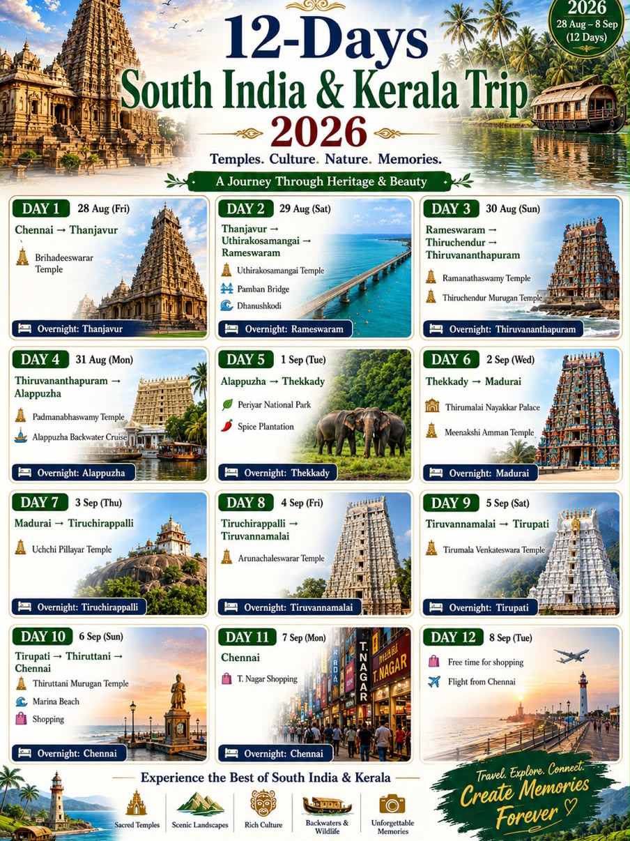 🌴✨ 12 Days South India & Kerala Trip 2026 🇮🇳 ✨🌴

28 August – 8 September 2026 | 12 Days of Temples, Culture, Nature & Memories

Embark on an unforgettable journey through the spiritual heritage and natural beauty of South India! 🙏❤️

🏛️ Discover sacred temples, stunning landscapes and vibrant culture as we travel across Tamil Nadu and Kerala.

📍 Our 12-Day Journey:

🗓️ Day 1: Chennai → Thanjavur
🗓️ Day 2: Thanjavur → Uthirakosamangai → Rameswaram
🗓️ Day 3: Rameswaram → Thiruchendur → Thiruvananthapuram
🗓️ Day 4: Thiruvananthapuram → Alappuzha
🗓️ Day 5: Alappuzha → Thekkady
🗓️ Day 6: Thekkady → Madurai
🗓️ Day 7: Madurai → Tiruchirappalli
🗓️ Day 8: Tiruchirappalli → Tiruvannamalai
🗓️ Day 9: Tiruvannamalai → Tirupati
🗓️ Day 10: Tirupati → Thiruttani → Chennai
🗓️ Day 11: Explore Chennai & enjoy shopping at T. Nagar
🗓️ Day 12: Free time for shopping and departure ✈️

🌟 Highlights of the Trip
🙏 Ancient and magnificent Hindu temples
🌊 Pamban Bridge & the beautiful Dhanushkodi coastline
🚤 Alappuzha backwater cruise
🐘 Periyar National Park & spice plantations
🏞️ Scenic landscapes and unforgettable road journeys
🛍️ Chennai shopping and Marina Beach
📸 Beautiful moments, family bonding and lifelong memories

From peaceful temple visits to Kerala’s lush greenery and tranquil backwaters, every day brings a new experience. ❤️

✨ One Journey. Countless Memories. ✨

📌 Save this itinerary for your next South India adventure!

#SouthIndiaTrip #KeralaTrip #TamilNaduTourism #IncredibleIndia #TempleTour #Rameswaram #Madurai #Tirupati #Alappuzha #Thekkady #TravelMemories #TripCom #TravelIndia