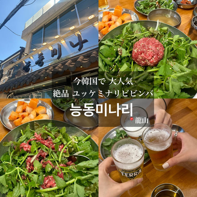 《龍山》》今韓国で大人気！ユッケミナリビビンバ🌿韓国きたら絶対食べて✨