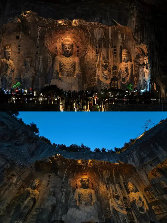 Strolling through the Longmen Grottoes at night is like traveling through a thousand-year-old golden realm