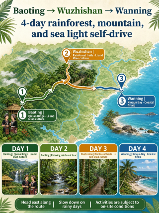 Baoting → Wuzhishan → Wanning | 4-Day Rainforest, Mountain, and Sea Light Road Trip