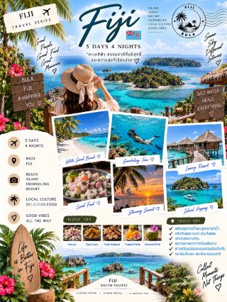 🇫🇯 FIJI 5 DAYS 4 NIGHTS
NADI • ISLAND • BEACH • OCEAN • RELAX 🌴🌊

ฟิจิ 5 วัน 4 คืน ทริปพักผ่อนกลางมหาสมุทรแปซิฟิก 🤍 ได้ทั้งเที่ยวเกาะ ดำน้ำ เล่นทะเล ชมพระอาทิตย์ตก และใช้เวลาชิลๆ ในรีสอร์ต

🌺 DAY 1 | BULA FIJI!
✈️ เดินทางถึง Nadi → Check-in
🌴 เดินเล่นชมบรรยากาศรอบที่พัก
☕️ แวะคาเฟ่หรือพักผ่อนริมทะเล
🌅 ชมพระอาทิตย์ตก
🍴 Dinner พร้อมเริ่มต้นทริปแบบชิลๆ

🏝️ DAY 2 | ISLAND HOPPING
☀️ Breakfast
🛥️ ออกเรือเที่ยวเกาะ
🤿 Snorkeling ชมปะการังและทะเลใส
🏖️ พักผ่อนบนหาดทราย
🥥 ดื่มมะพร้าวเย็นๆ ริมทะเล
🌅 กลับที่พักช่วงเย็น

🐠 DAY 3 | OCEAN & RELAX
🌊 ใช้วันกับทะเลแบบเต็มๆ
🤿 ดำน้ำหรือทำกิจกรรมทางน้ำ
🚣♀️ Kayak / Paddle Board
🍴 Lunch ริมทะเล
💆♀️ ช่วงบ่ายพักผ่อนที่รีสอร์ต
🌅 Sunset Dinner

🌺 DAY 4 | FIJI CULTURE & NATURE
🌿 เที่ยวธรรมชาติรอบ Nadi
🛍️ เดินเล่นตลาดและเลือกซื้อของฝาก
🌺 ชมวิถีชีวิตและวัฒนธรรมท้องถิ่น
☕️ แวะคาเฟ่
🌅 กลับมาชมพระอาทิตย์ตกริมทะเลอีกหนึ่งวัน

✈️ DAY 5 | FIJI & GOODBYE
☕️ Breakfast แบบชิลๆ
🏖️ เดินเล่นริมชายหาด เก็บรูปสุดท้าย 📸
🛍️ ซื้อของฝาก
🥥 ทานมื้อสุดท้าย
✈️ เดินทางไปสนามบิน → Goodbye Fiji 🤍

🍴 MUST TRY
🐟 Kokoda • 🥘 Fijian Curry • 🥥 Coconut Dishes • 🦐 Fresh Seafood • 🍍 Tropical Fruits

💡 TRAVEL TIPS
👙 เตรียมชุดว่ายน้ำ 2–3 ชุดสำหรับวันเที่ยวทะเล
🧴 ครีมกันแดด หมวก และแว่นกันแดดควรมีติดกระเป๋า
🩴 เตรียมรองเท้าแตะและรองเท้าสำหรับกิจกรรมทางน้ำ
🌦️ เช็กสภาพอากาศก่อนออกทริปเรือ
💵 พกเงินสดไว้บางส่วนสำหรับตลาดและร้านเล็กๆ
🌺 เคารพธรรมเนียมและการแต่งกายเมื่อเข้าเยี่ยมชุมชนท้องถิ่น

ฟิจิเหมาะกับวันที่อยากหนีความวุ่นวายไปอยู่กับทะเลจริงๆ 🇫🇯🌊
ตื่นมาเจอน้ำทะเลสีฟ้า กลางวันออกเที่ยวเกาะ แล้วจบวันด้วย Sunset ริมหาด เป็นทริปที่เน้นพักผ่อนและใช้ชีวิตช้าๆ แบบเต็มที่ 🤍✨

#เที่ยวฟิจิ #FijiTrip #เที่ยวเกาะ #เที่ยวต่างประเทศ