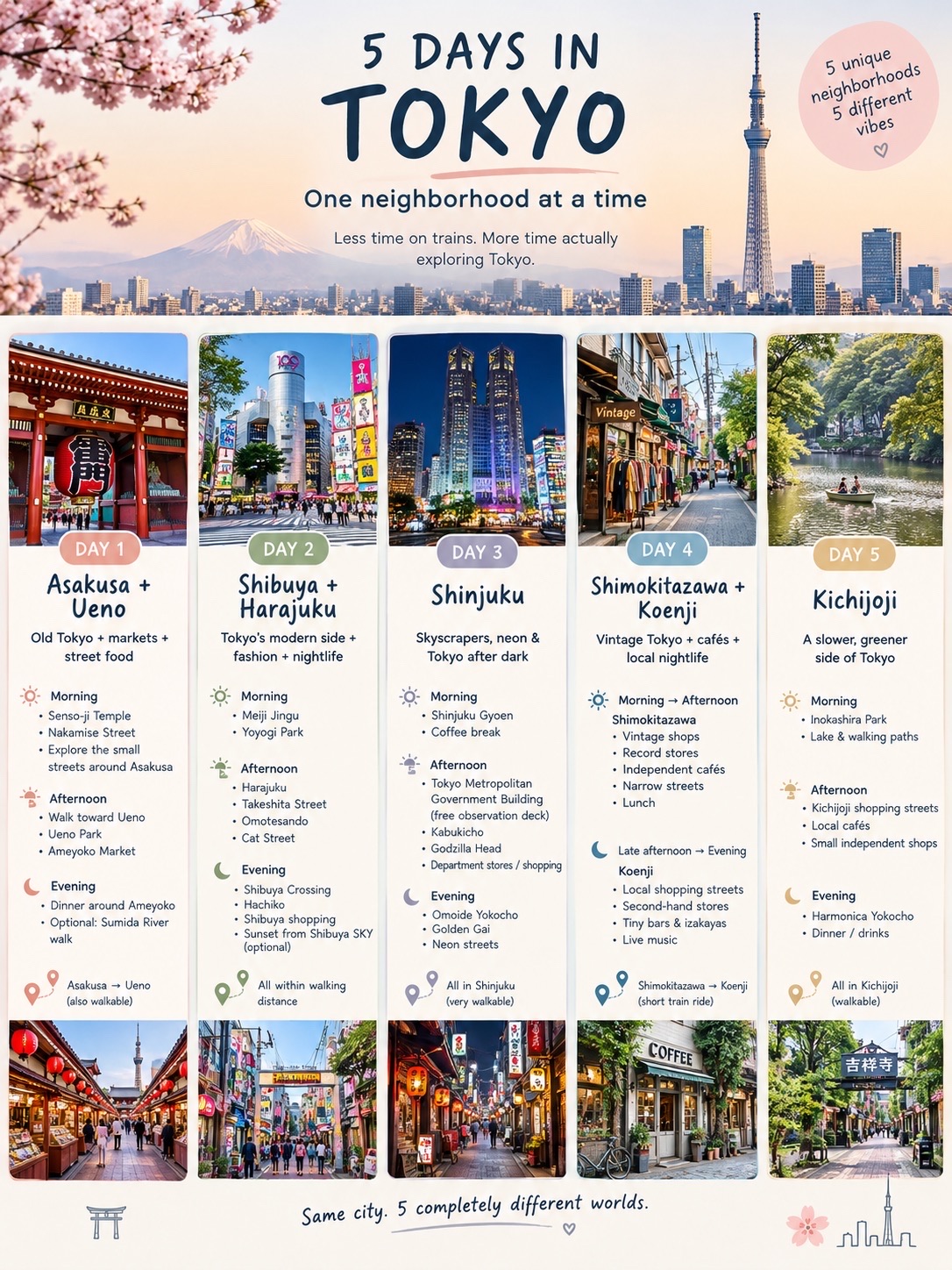 Tokyo is huge, and one thing I learned is that you can waste a LOT of time on trains if you plan your days badly. 🚇😅
So I put together these 5 days in Tokyo by neighborhood — keeping the places close together, so you spend more time exploring and less time changing trains.
🌸 Day 1 — Asakusa + Ueno
Old Tokyo, Senso-ji, traditional streets, Ueno Park and Ameyoko Market.
🗼 Day 2 — Shibuya + Harajuku
Meiji Jingu, Yoyogi Park, Takeshita Street, Omotesando and, of course, Shibuya Crossing.
🌃 Day 3 — Shinjuku
Shinjuku Gyoen, the Tokyo Metropolitan Government Building, shopping, neon streets and Kabukicho after dark.
🎸 Day 4 — Shimokitazawa + Koenji
Vintage shops, cafés, records, second-hand finds and Tokyo's local music scene. A completely different side of the city.
🌆 Day 5 — Ueno + Asakusa
A relaxed final day with parks, markets, temples, street food and a sunset view toward Tokyo Skytree.
💡 My biggest tip: don't try to see all of Tokyo in one day. Pick one area, walk around, take little side streets, stop for coffee or food and actually enjoy the neighborhood.
Tokyo has so many different personalities — and you can discover a completely different one every day. ❤️
Save this for your Tokyo trip 🇯🇵
 #hotdiscussions 
Which of these five days would you be most excited to do? 👇
