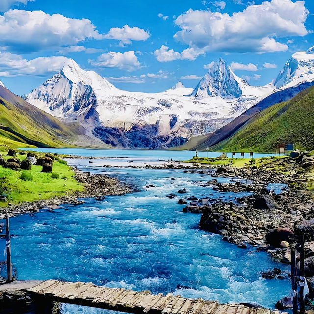 Tibet Grassland, Snow mountain, and blue Sky, China