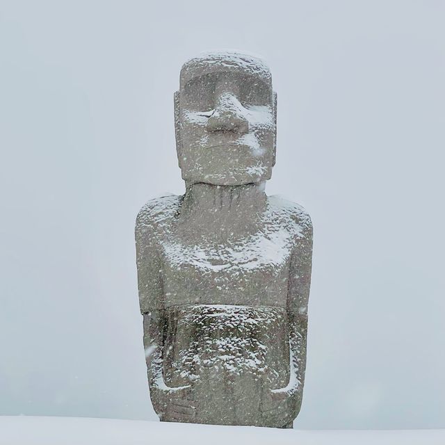 激レア！雪の中のモアイ像