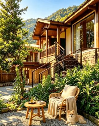 A cozy wooden cabin tucked away in the mountains, with a healing vibe that's off the charts