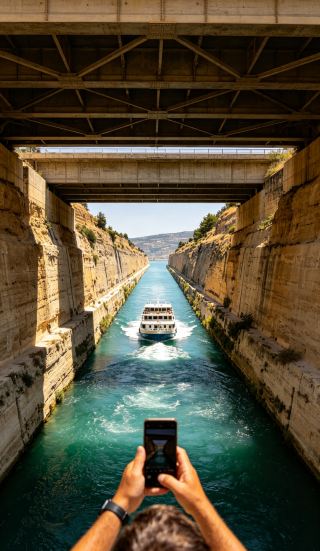 Check out the Corinth Canal! Take a boat through the strait—a must-visit hidden gem in Greece