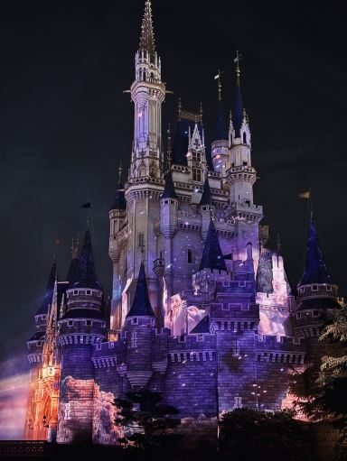 夜の東京ディズニーランド：曇り空でも最高なシンデレラ城の夜