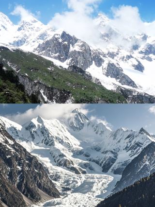 Hailuogou! The glacier stands tall, the snow-capped mountains are white, and the clouds are misty! 