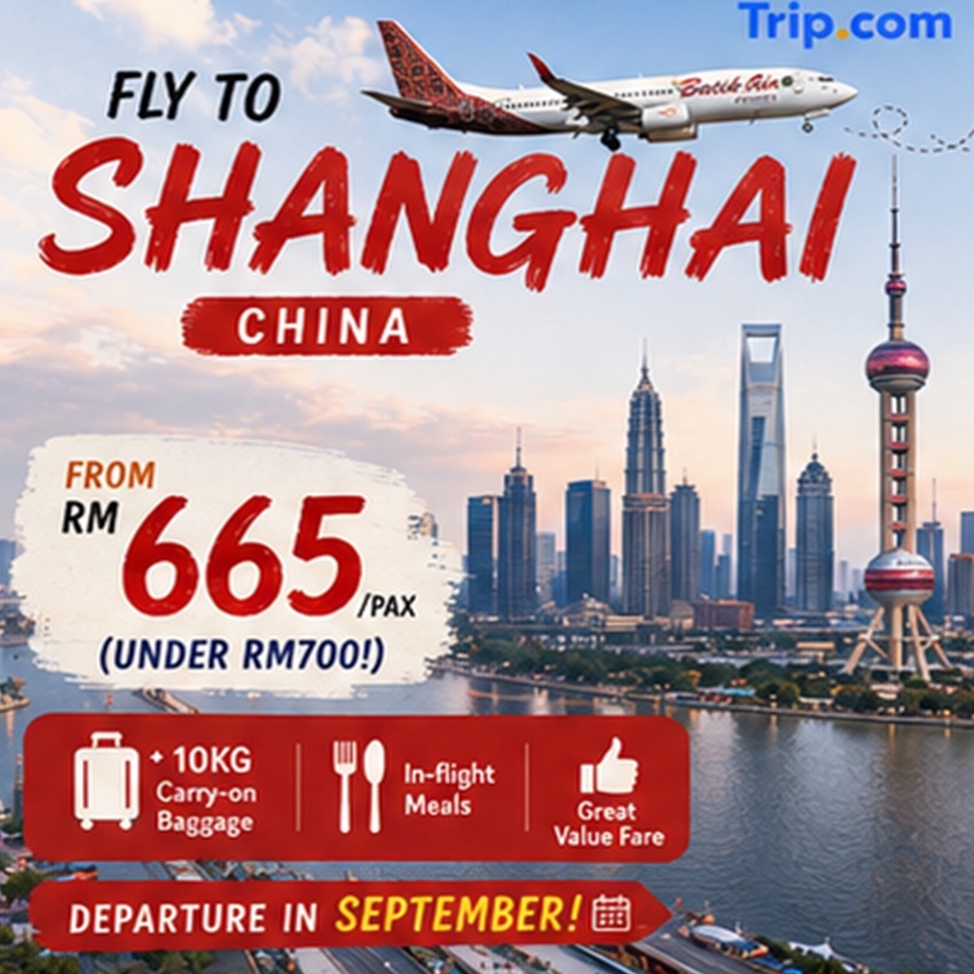 Nikmati keajaiban Shanghai tanpa bikin kantong bolong!

Terbang dari Kuala Lumpur ke Shanghai mulai dari hanya RM665 per orang, sudah termasuk bagasi terdaftar 10KG. Jelajahi salah satu kota paling dinamis di China, tempat gedung pencakar langit modern bertemu dengan jalanan bersejarah dan objek wisata terkenal di dunia.

📅 Keberangkatan: September 2026
💰 Mulai dari: RM665 (Di bawah RM700!)

🏙️ Atraksi Populer
📍 Xintiandi
📍 Lujiazui Skyline
📍 Tianzifang
📍 Shanghai Disneyland
📍 Oriental Pearl Tower
📍 Jalan Pejalan Kaki Nanjing Road
📍 The Bund
📍 Taman Safari Shanghai (Shanghai Wild Animal Park)
📍 Universitas Fudan
📍 Museum Sejarah Alam Shanghai

🍜 Makanan Shanghai yang Wajib Dicoba
🥢 Mie Telur Kepiting (Crab Roe Noodles)
🥢 Bebek Panggang Shanghai
🥢 Xiaolongbao (Soup Dumplings)
🥢 Sheng Jian Bao (Bakpao Babi Goreng)
🥢 Scallion Pancakes (Pancake Daun Bawang)
🥢 Mie Kaki Babi Kecap
🥢 Mie Ikan Yellow Croaker
🥢 Kue Bulan Tradisional Shanghai

🎢 Wahana Wajib di Shanghai Disneyland
✨ TRON Lightcycle Power Run
✨ Pirates of the Caribbean
✨ Soaring Over the Horizon
✨ Rex’s Racer
✨ Seven Dwarfs Mine Train
✨ Roaring Rapids
✨ Peter Pan’s Flight
✨ Voyage to the Crystal Grotto

🛍️ Oleh-oleh Terbaik
🎁 Butterfly Palmiers dari International Hotel
🎁 Permen & Merchandise White Rabbit
🎁 Hadiah Budaya & Kreatif Shanghai
🎁 Pastri Vegetarian Longhua
🎁 Kue Gaoqiao
🎁 Butter Cookies Garden Hotel

🍱 Pilihan Pesan Antar Makanan Populer
🍗 Ayam Goreng Korea
🍕 Pizza
🥟 Dumplings
🍜 Hotpot Pedas & Mala
🍱 Masakan China & Internasional

💡 Tips Perjalanan
✔️ Kunjungi The Bund sebelum matahari terbenam untuk menikmati pemandangan lampu kota yang luar biasa di malam hari.
✔️ Pesan tiket Shanghai Disneyland jauh-jauh hari, terutama saat musim liburan.
✔️ Gunakan sepatu yang nyaman—Shanghai sangat cocok untuk dijelajahi dengan berjalan kaki.
✔️ Gunakan Metro untuk berkeliling kota dengan cepat dan nyaman.
✔️ Pesan tiket museum secara online sebelum berkunjung agar tidak kecewa.