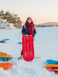 Ttukseom Hangang Park ไปเล่น sledding ริมแม่น้ำฮัน
