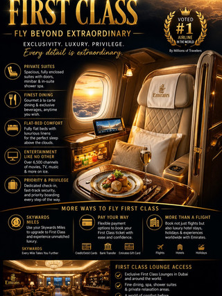 ✈️ Emirates First Class – The Ultimate Luxury in the Sky 👑✨

Step into a world where every journey feels extraordinary. Experience the unmatched elegance of Emirates First Class, featuring private suites, gourmet dining, luxurious airport lounges, premium amenities, and world-class service from takeoff to landing.

Enjoy exclusive First Class Lounge access, priority check-in, fast-track security, chauffeur-drive on selected routes, and unforgettable comfort in the sky. Relax in your private suite, savor chef-crafted meals with premium beverages, and arrive refreshed like never before.

With Emirates Skywards, you can:
✨ Upgrade to First Class using Skywards Miles.
✈️ Redeem Miles for flight tickets.
🏨 Book hotels with Miles or Cash + Miles.
🌍 Earn rewards on flights, hotels, car rentals, and travel experiences.

Whether you’re traveling for business or a dream vacation, Emirates First Class transforms every mile into a luxurious experience.

💎 Luxury isn’t a destination—it’s how you travel.
📍Discover more premium travel inspiration on Trip.com.

#Emirates #EmiratesFirstClass #FlyEmirates #LuxuryTravel #FirstClass #Dubai #TravelLuxury #AirportLounge #EmiratesSkywards #BusinessTravel #LuxuryLifestyle #TripCom #TravelInStyle #PremiumTravel #LuxuryExperience