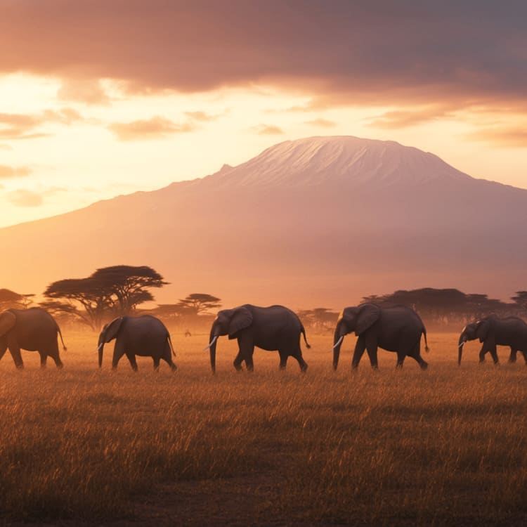Mount Kilimanjaro snowcap + elephant herd in the same frame Amboseli