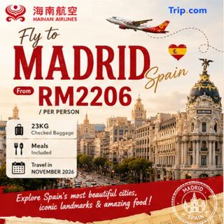 🇪🇸 마드리드행 항공권, 최저 RM2206부터 ✈️ 위탁 수하물 23kg + 기내식 포함 | 2026년 11월 출발