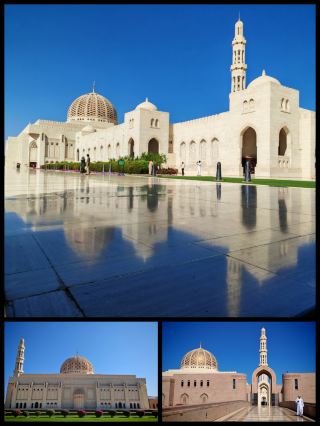 Путевые заметки о Маскате: Впечатляющая мечеть Султана Кабуса, скрытая в утреннем свете и тени.