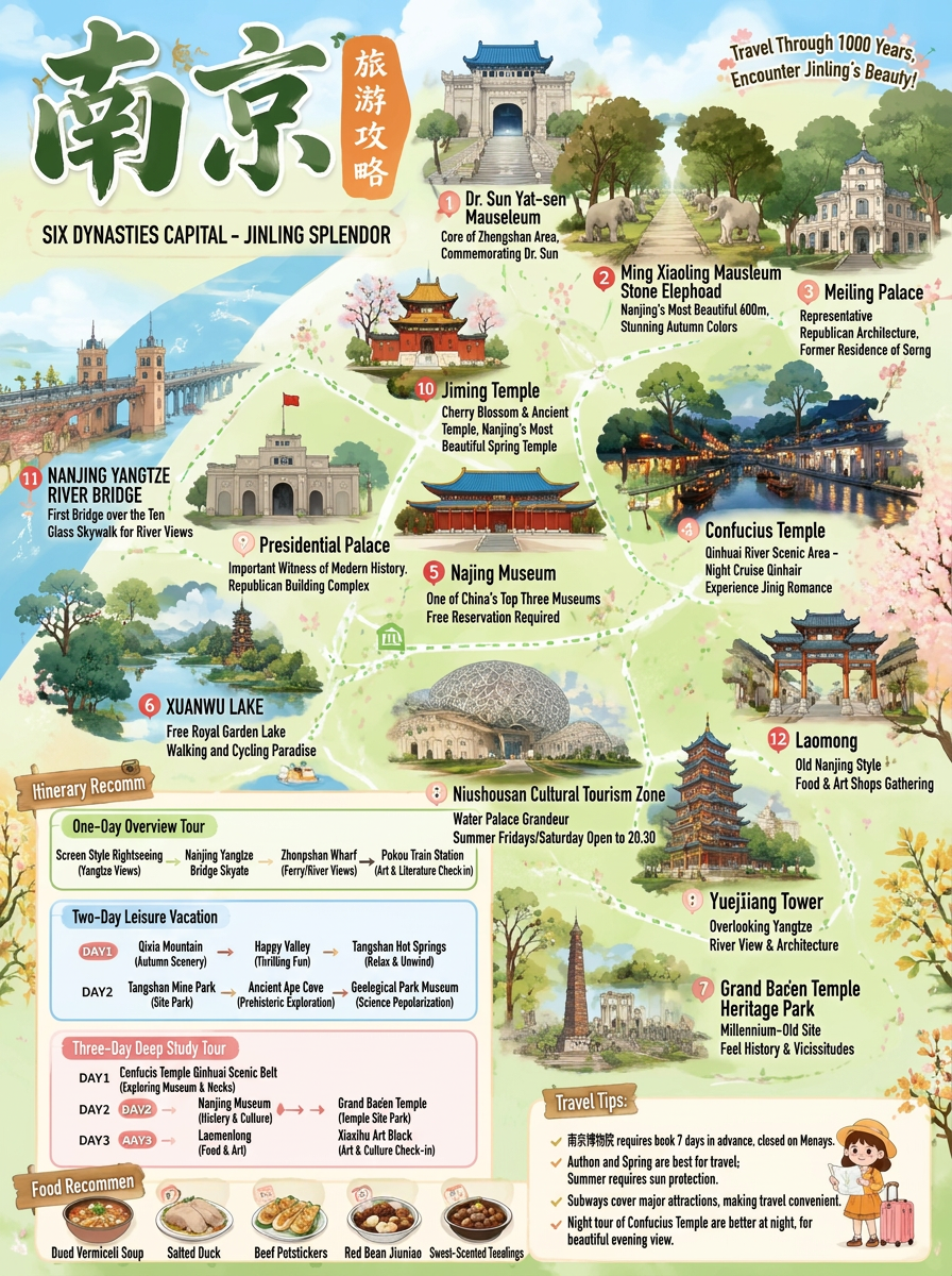 ✨ must-visit top 5 spots ✨

🏯 [Zhongshan Scenic Area]  
Nanjing’s green heart! Includes three highlights: Sun Yat-sen Mausoleum, Ming Xiaoling Mausoleum, and Meiling Palace  
🌟 Recommended: Ming Xiaoling Stone Elephant Road – Nanjing’s most beautiful 600m late-autumn ginkgo path ⚠️  
👉 Suggested visit time: 4–6 hours

🌉 [Confucius Temple–Qinhuai River]  
Night tours are the best way to experience it! Drift on a painted boat through a thousand years of history ✨  
Best viewing time: 5:30 PM–10:00 PM. A 10-minute walk to Laomendong nearby  
🎫 Boat ticket: 80 CNY per person

🏛️ [Nanjing Museum]  
One of China’s top three museums! The Republic of China exhibit is a must-see 📸  
⚠️ Important! Book 7 days in advance! Free but very hard to get tickets!  
⏰ Open Tue–Sun 9:00 AM–5:00 PM

🕌 [Niushou Mountain Buddha Palace]  
A 4 billion yuan Buddhist sanctuary! Every photo looks like a masterpiece  
⏰ Extended hours in summer on Fri and Sat until 8:30 PM  
🌟 The underground hall of a thousand Buddhas is breathtaking!

🌊 [Xuanwu Lake]  
Nanjing’s backyard garden, a free royal park  
Recommended to visit at dusk for a walk and sunset views. The night lights are stunning

🗓️ Suggested itineraries 🗓️

💫 One-day light tour:  
Muyan Scenic Belt → Nanjing Yangtze River Bridge Glass Walkway (not for those afraid of heights) → Zhongshan Wharf (2 CNY ferry ride) → Pukou Train Station (filming location of “Deep Love and Misty Rain”)

🌸 Two-day slow vacation:  
DAY 1: Qixia Mountain autumn viewing → Happy Valley amusement park → Tangshan hot springs relaxation  
DAY 2: Tangshan Mine Park → Ancient Ape Cave exploration → Geological Park Museum

📚 Three-day in-depth study:  
DAY 1: Confucius Temple Qinhuai Scenic Belt (the Imperial Examination Museum is very interesting)  
DAY 2: Nanjing Museum → Dabaoen Temple ruins  
DAY 3: Laomendong food and shopping → Xiaoxihu arts district photo shoot

🌟 Helpful tips:  
1️⃣ The ginkgo trees on Stone Elephant Road are stunning in November  
2️⃣ Avoid weekends for overnight stays by the Qinhuai River  
3️⃣ The museum is closed on Mondays, don’t go empty-handed  
4️⃣ Wear comfortable shoes for the Niushou Mountain underground palace  
5️⃣ Don’t miss the plum blossom cake at Laomendong! 