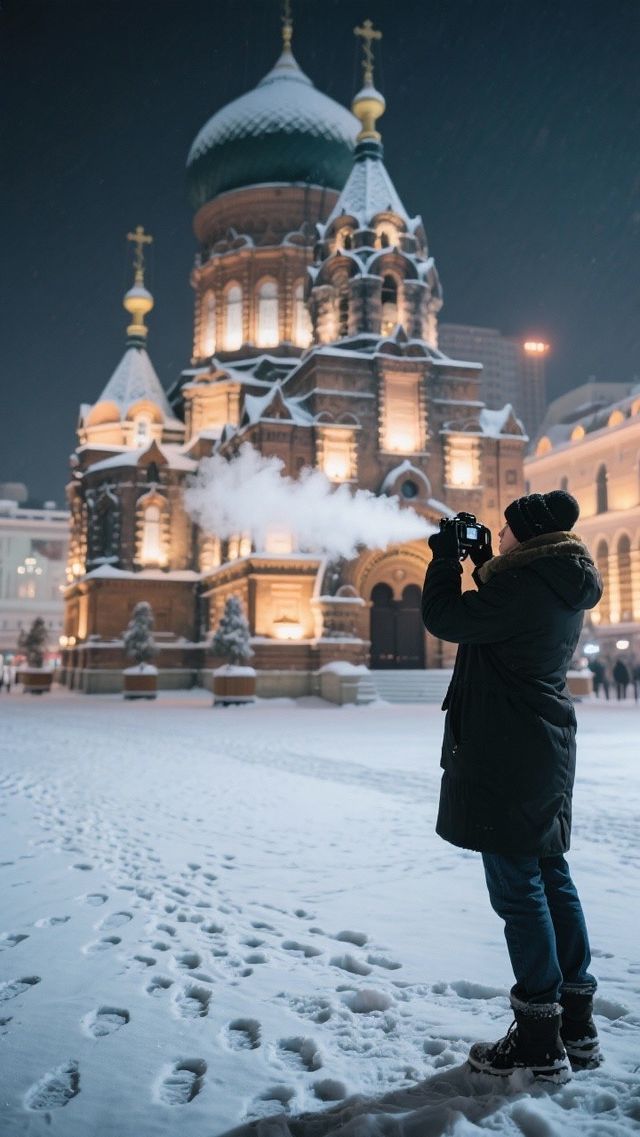 雪夜教堂美如畫
