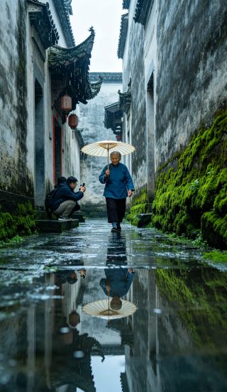 In the rain by the sea, munching on seaweed crackers and splashing in puddles.