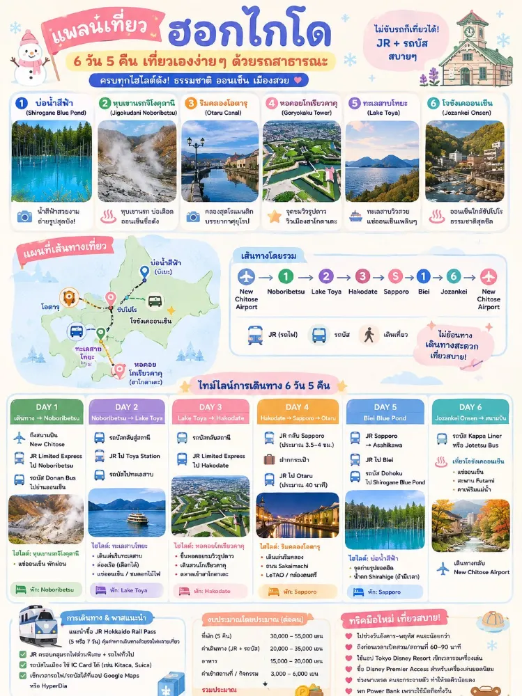 北海道5泊6日旅行プラン(公共交通機関を利用した個人旅行)。