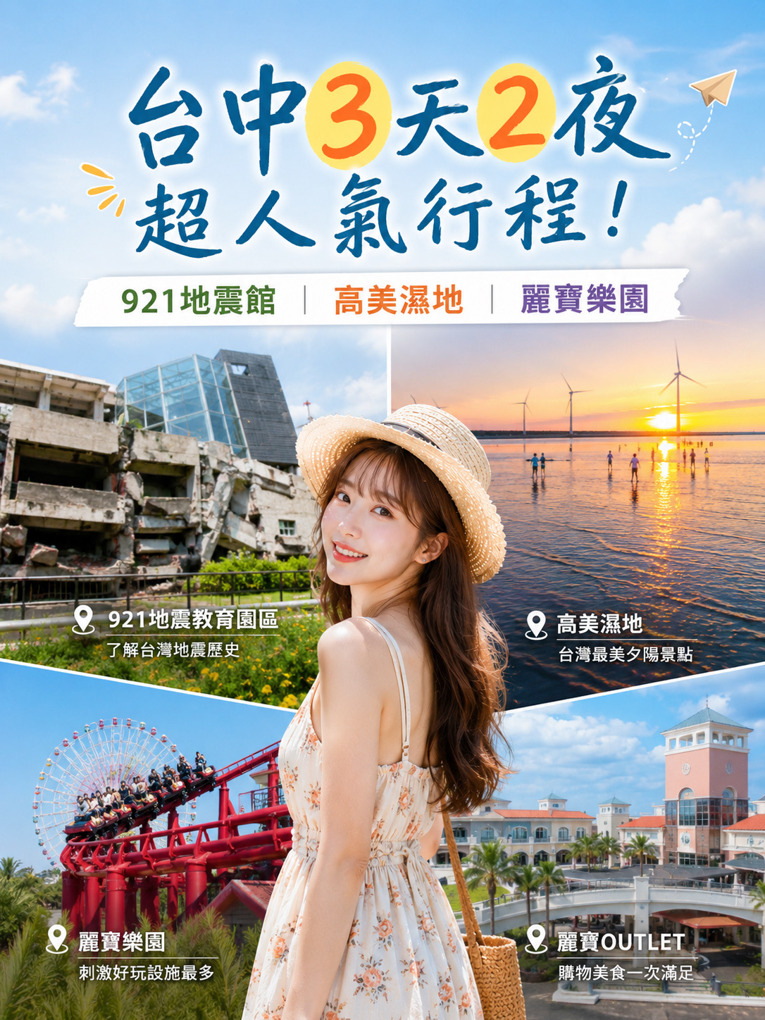 台中3天2夜自由行｜高美濕地夕陽、921地震館、麗寶樂園一次玩透！