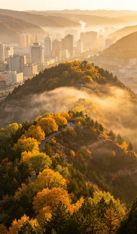 秋に鳳凰山に登り、延安の街を一望する。夕日が宝塔にキスをし、黄土高原には優しさとロマンが隠されている。