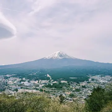 A breathtaking view of Mount Fuji at Kawaguchiko Tenjoyama Park.