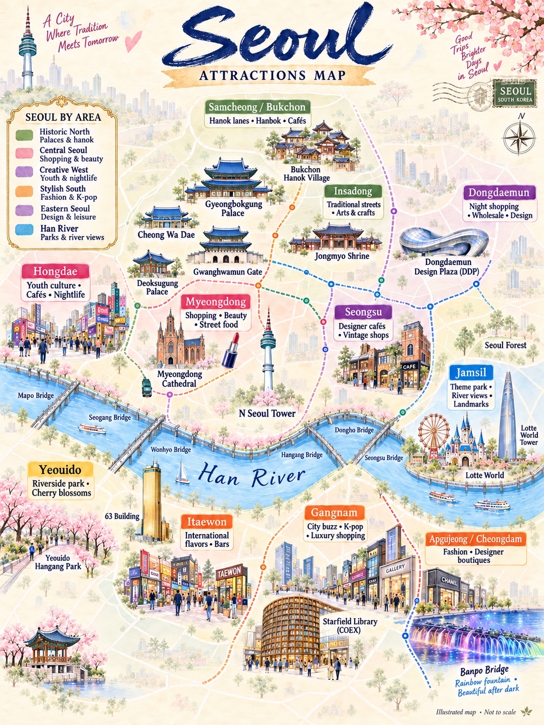 Seoul has so many different sides—palace courtyards, hanok lanes, designer cafés and shopping streets that come alive after dark. This illustrated map brings the neighbourhoods together so you can see what each area is known for ✨

🏯 Gyeongbokgung • Bukchon • Insadong
Palace architecture, traditional houses and arts-and-crafts browsing.

🛍️ Myeongdong
Beauty shopping, busy streets and a stop at Myeongdong Cathedral.

☕ Seongsu • Seoul Forest
Design-led cafés, converted industrial spaces and a little greenery between stops.

🎨 Hongdae
Youth culture, independent shops and lively evenings.

📚 Gangnam • Apgujeong • Cheongdam
Starfield Library at COEX, fashion boutiques and luxury shopping.

🎡 Jamsil
Lotte World’s fairytale scenery and the unmistakable Lotte World Tower.

🌿 Han River
Yeouido’s riverside paths and Banpo Bridge’s evening atmosphere.

🍸 Itaewon
International flavours and places to linger after dinner.

💡 Planning tip: Pick one main neighbourhood for each half-day, then check nearby stops and travel times. Leave room for the café or little street that catches your eye along the way.

Save this for your Seoul planning folder 🤍

#SeoulTravel #SeoulMap #SeoulGuide #VisitSeoul #KoreaTravel #seoul #seoulattractions #korea #koreatrip #koreatravel 
